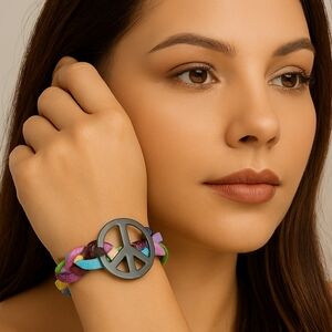 Silver Peace Symbol Bracelet – Colorful Twister Cords, Women’s Fashion Jewelry